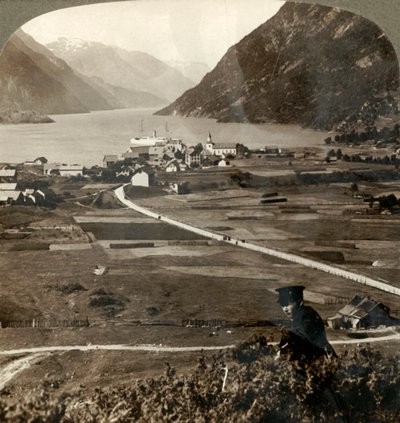 Daken van dorpen en zonnige velden van Odde, N. omhoog de smalle bergommuurde Sorfjord, Noorwegen, 1905 door Unbekannt