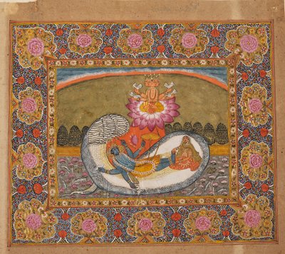 Vishnu en Lakshmi op de slang Shesha, met Brahma op de lotus, mogelijk late 19e eeuw door Unbekannt