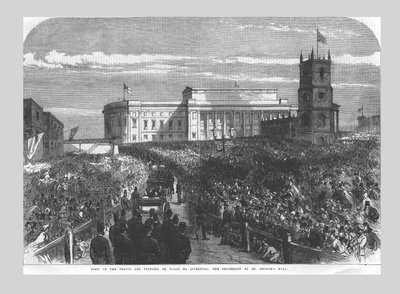 Bezoek van de prins en prinses van Wales aan Liverpool. De processie naar St. Georges Hall, 1865 door Unbekannt