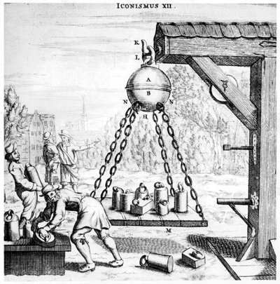 Von Guerickes demonstratie van de kracht van luchtdruk, 1672 door Unbekannt