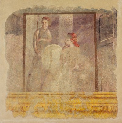 Muurschildering fragment van de noordmuur van Kamer H van de Villa van P. Fannius..., ca. 50-40 v.Chr. door Unbekannt