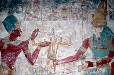 Muurschildering detail van Sethos I voor Horus, Tempel van Sethos I, Abydos, Egypte, c1280 v.Chr. door Unbekannt