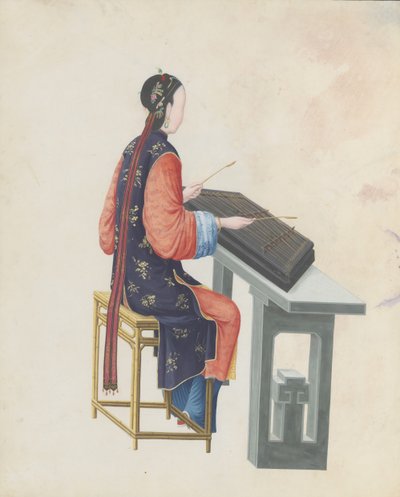 Aquarel van muzikant die yangqin speelt, eind 18e eeuw door Unbekannt