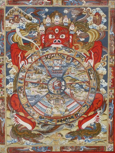 Wiel van het leven of wiel van Samsara (Mandala). Kopan klooster, Bhaktapur, Nepal door Unbekannt