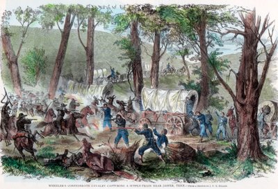 Wheelers Zuidelijke cavalerie vangt een bevoorradingstrein nabij Jasper, Tennessee, ca. 1863 door Unbekannt