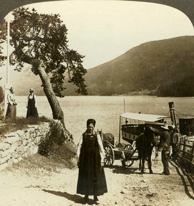 Wanneer de meerstoomboot aanlegt bij de pier van Tinoset - uitzicht over Tinsjo naar de heuvels, Noorwegen, c1905 door Unbekannt