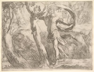 Wilton Album, folio 10a: Priapus en Lotis door Unbekannt