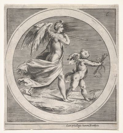 Gevleugelde vrouwelijke figuur, gedrapeerd en met een staf, achter een gevleugelde putto, ca. 1550-1600 door Unbekannt