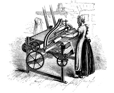 Vrouw die een krachtweefgetouw bedient voor het weven van katoen, ca. 1840 door Unbekannt