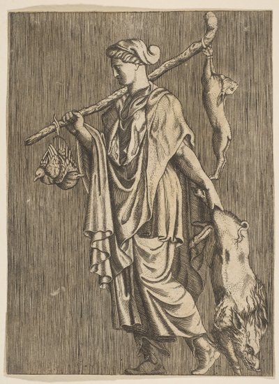 Vrouw die terugkeert van de jacht met een everzwijn in haar linkerhand en een stok in haar r..., ca. 1515-1600 door Unbekannt
