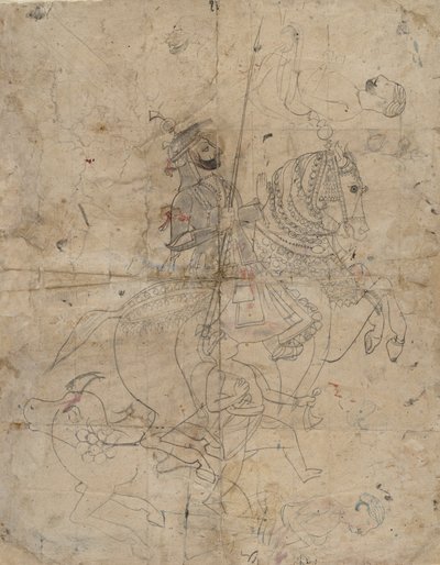 Aanbidding van Brijnathji en Svamini recto, Ruiterportret verso, ca. 1800 door Unbekannt