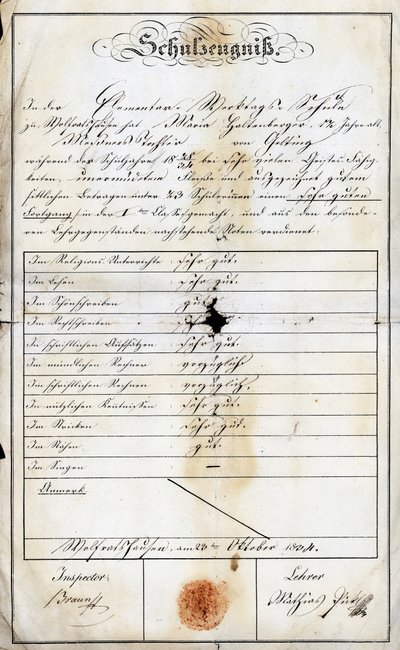 Eindrapport van de lagere school op zondag van een leerling (Monika Haltenberger, dochter van de koster), van een lagere school gedateerd 24 september 1840, Academie de Geretsried, Opper-Beieren in Duitsland, Europa door Unbekannt