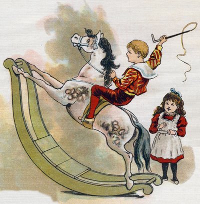 Jonge jongen op een hobbelpaard met een zweep. Gravure in "ABC L
