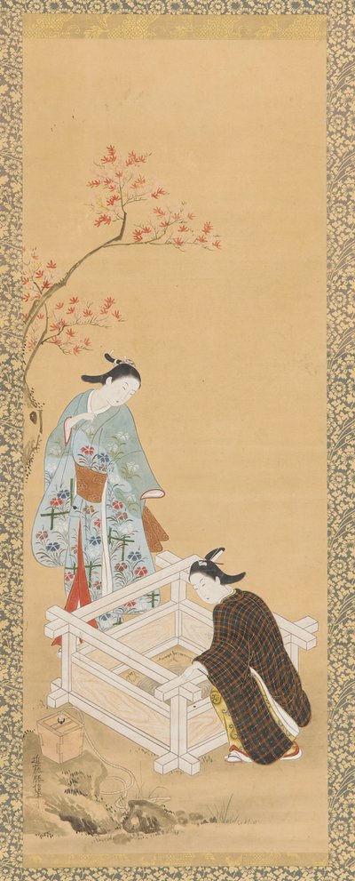 Jongeman en een meisje bij een bron, Edo-periode, 1615-1868 door Unbekannt