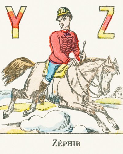 Z: Zephir, een ruiter galopperend op zijn paard genaamd Zephyr - Spelletjes Alfabet, c.1890 door Unbekannt