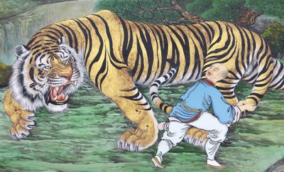 Zen koan schilderij dat monnik en tijger afbeeldt, Seoul, Zuid-Korea door Unbekannt