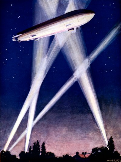 Zeppelin-luchtschip gevangen in zoeklichten tijdens een bombardement op Engeland door Unbekannt