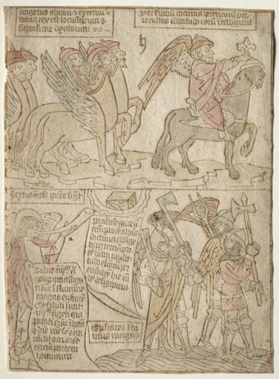 Pagina uit de Apocalyps De Sprinkhanen met de Engel van de Afgrond en De Zesde Trompet, 1400s door Unbekannt