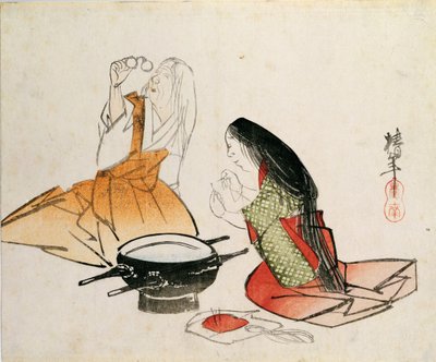 Een jonge vrouw die een naald inrijgt door Chinnen (1792-1851), pub. c.1830, (chuban formaat, kleuren houtsnede) door Unbekannt Unbekannt