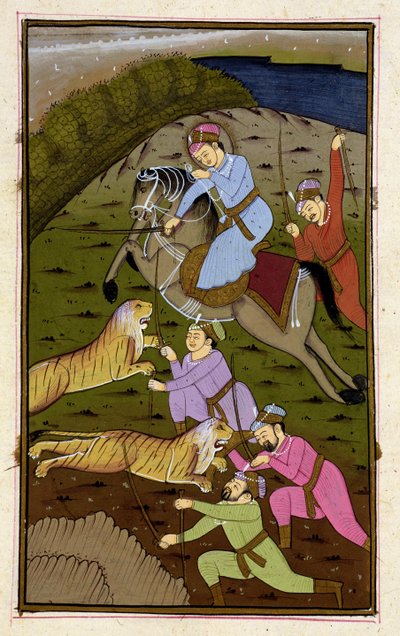 Akbar op tijgerjacht uit de Akbarnama, Mughal, ca. 1590, (geïllustreerde tekst) door Unbekannt Unbekannt