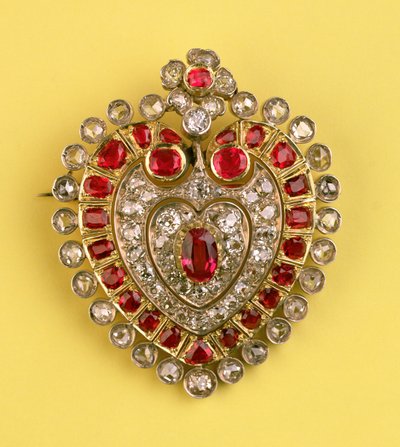 Antieke hartvormige broche (diamant en robijn) door Unbekannt Unbekannt