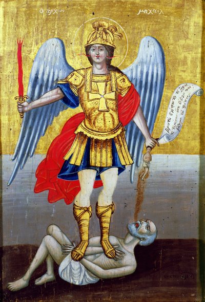 Aartsengel Michael: Grieks icoon van de Cycladen, gedateerd 1817 met hedendaagse lijst door Unbekannt Unbekannt