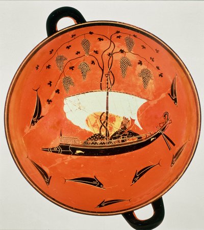 Zwartfiguur kylix, binnenaanzicht met Dionysus in een boot met een wijnstok, Exekias, Siren schilder, 6e eeuw BC door Unbekannt Unbekannt