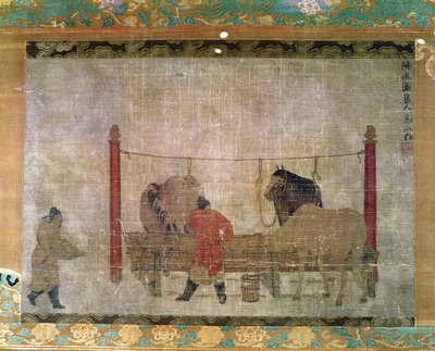 Hanger, die stalknechten toont die paarden voeren, inkt en aquarel op zijde, toegeschreven aan Jen Jen-Far, Chinees, 14e eeuw door Unbekannt Unbekannt