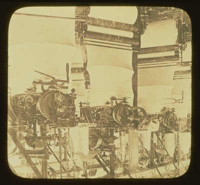 Breimachines aan het werk in de Wolsey Woollen Factory, Leicestershire, c.1850 door Unbekannt Unbekannt
