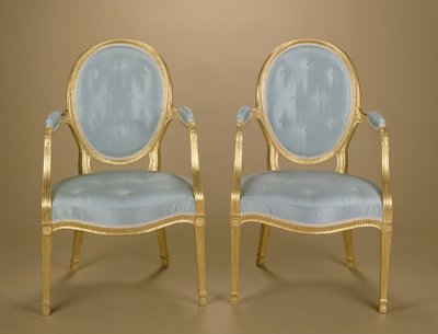 Paar Adam ovalen rugleuningstoelen, blauw bekleed, c.1780 door Unbekannt Unbekannt