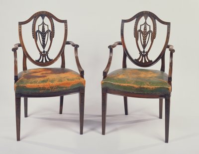 Paar George III rozenhouten eetkamerstoelen, naar een ontwerp van George Hepplewhite door Unbekannt Unbekannt