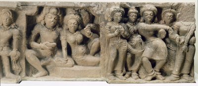 Steenbeeldhouwwerk van geliefden die genieten van een dansvoorstelling, uit de Dasavatara-tempel, Deogarh, MP, 5e eeuw door Unbekannt Unbekannt