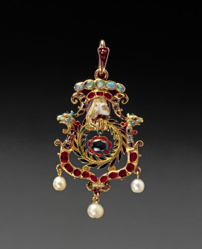 Het Aberdeen Juweel; juweel en geëmailleerde gouden hanger met een haarlok die zou toebehoren aan Mary Queen of Scots, eind 16e eeuw door Unbekannt Unbekannt