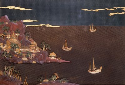 Dienblad met maritiem tafereel uit een eigentijdse prent, ruitwerk, ca.1785 (lakwerk) door Unbekannt Unbekannt