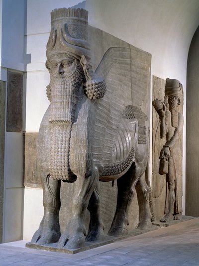Gevleugelde stier van de gevel van het paleis van koning Sargon II, Khorsabad, Laat-Assyrische Periode, ca. 725 v.Chr. door Unbekannt