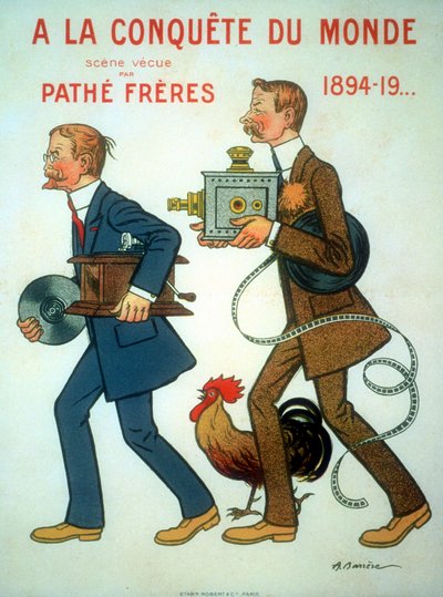 Poster 1898 door Adrien Barrere voor broers Charles Pathe (1863-1957) en Emile Pathe (1860-1937) Franse ingenieurs, filmproducenten, hier met de haan (hun symbool), projector en fonograaf door Unbekannt
