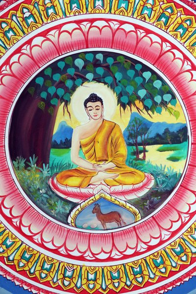Wat Inpeng boeddhistische tempel. Schilderij dat het levensverhaal van Shakyamuni Boeddha uitbeeldt. Boeddha zittend in de meditatiehouding, Vientiane, Laos door Unbekannt