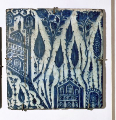 A3 Tegel met gestileerd ontwerp van huizen en bloemen, Egyptisch, Mamluk door Unbekannt