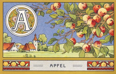 A : Apfel - Alfabet Palmin. Serie chromolithografieën uitgegeven door H. Schlinck & Cie, Hamburg, s. d. . Reclame voor Palmin feinstes Cocosfett. Afmetingen: 7 x 11 cm door Unbekannter Künstler