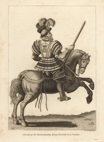Een Yeoman van de Garde die Koningin Elizabeth I begeleidt tijdens een Progress door Unbekannt