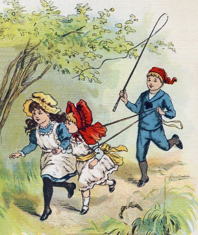 Een jongen speelt paard met zijn twee zussen. Gravure in "ABC L