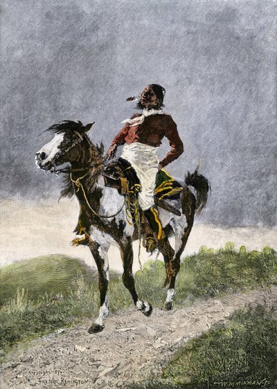 Een dappere Comanche, te paard reizend in de zuidelijke prairies (Texas, Oklahoma, VS), rond 1800. Lithografie door Unbekannter Künstler