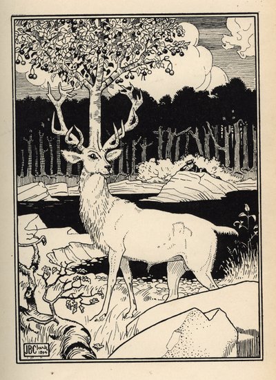 Een kersenboom op het hoofd van een hert geraakt door de stenen van kersen geslingerd door de baron van Munchausen. Illustratie door William Strang (1859-1921) en JB Clark uit 