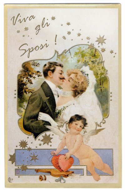 Een pasgetrouwd stel dat kust. "Lang leve de bruiden" Ansichtkaart circa 1901 door Unbekannter Künstler