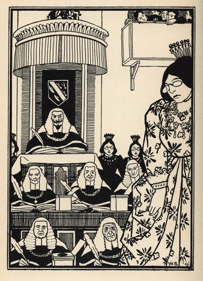 Een grotendeels vrouwelijke rechtbank verschijnt voor de Baron, een ironie die het vermelden waard is onder zijn avonturen. Illustratie door William Strang (1859-1921) en JB Clark uit “The Adventures of the Baron of Munchausen (Munchhausen) door Rudolf Eri door Unbekannt