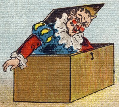 Een duivel. Gravure in "Alphabet de ma petite fille". Bernardin-Bechet en Fils, boekhandel-uitgevers, Parijs, rond 1895. Onbreekbaar album op canvas. Bibliotheek des Bebes. 12 pagina