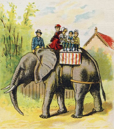 Een familie zittend op een olifant. Gravure in "ABC L