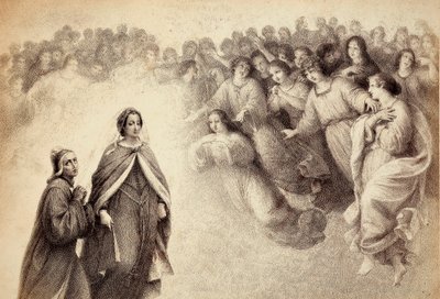 Een zwerm schaduwen nadert Dante en Beatrice. Illustratie van Canto V in Paradiso van De Goddelijke Komedie door Dante Alighieri. Werk van Francesco Scaramuzza gewijd aan de gemeente Florence. door Unbekannter Künstler