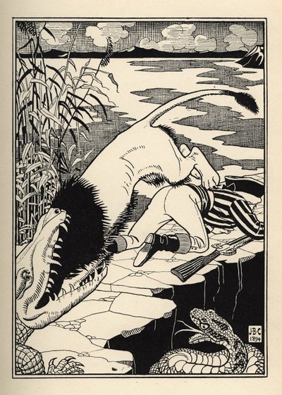 Een leeuw die de Baron van Munchausen wilde aanvallen eindigde met een krokodil. Illustratie door William Strang (1859-1921) en JB Clark uit “The Adventures of the Baron of Munchausen (Munchhausen) door Rudolf Erich Raspe (1736-1794) (1789) door Unbekannt