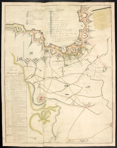 Een getinte plattegrond van de belegeringswerken. Dagboek van het beleg van Bergen op Zoom, door de Fransen, in 1747; voorafgegaan door een verslag van de staat van de Franse artillerie in die tijd. door Unbekannter Künstler